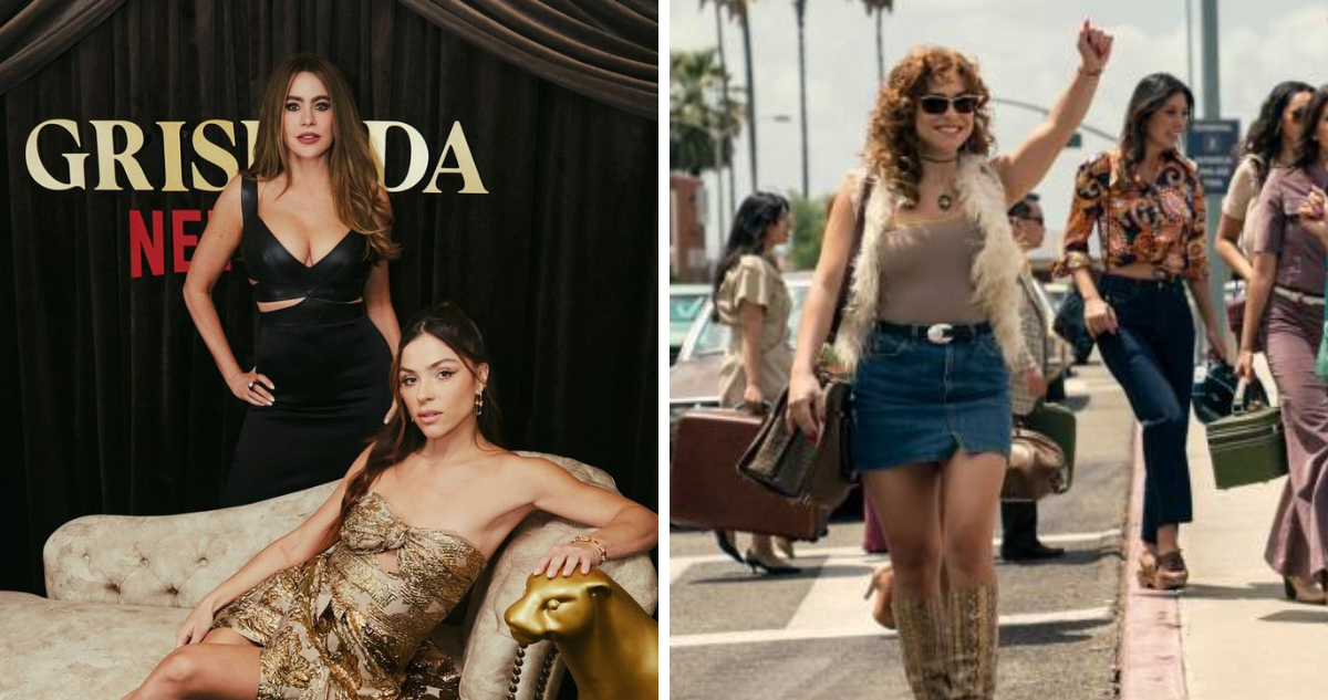 Sofía Vergara junto a Paulina Dávila en la promoción de “Griselda” (izquierda) y en el papel de Isabel en la serie (derecha)