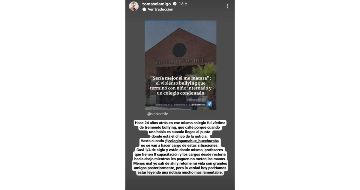 Instagram Storie de Tomás Leiva por caso de bullying en colegio Pumahue