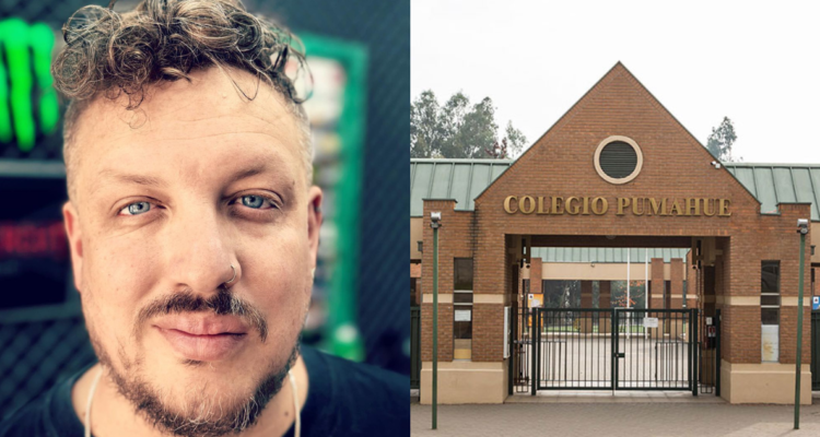Tomás Leiva, integrante del Podcast ‘Tomás va a morir’ (izquierda) y frontis del Colegio Pumahue de Huechuraba (derecha) en referencia a episodios de bullying