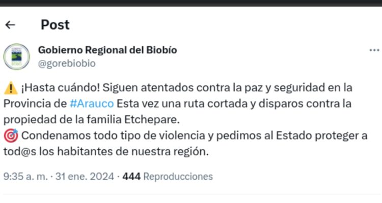 Tuit de gore biobio presunto ataque a propiedad en Cañete
