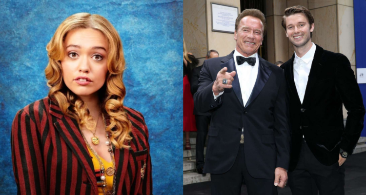 Aimee Lou Wood (izquierda) y Patrick schwarzenegger (derecha) junto a su padre por su integración a The White Lotus