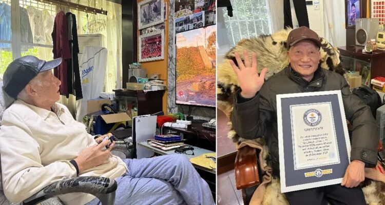 El “abuelo gamer”, junto a su récord Guiness.