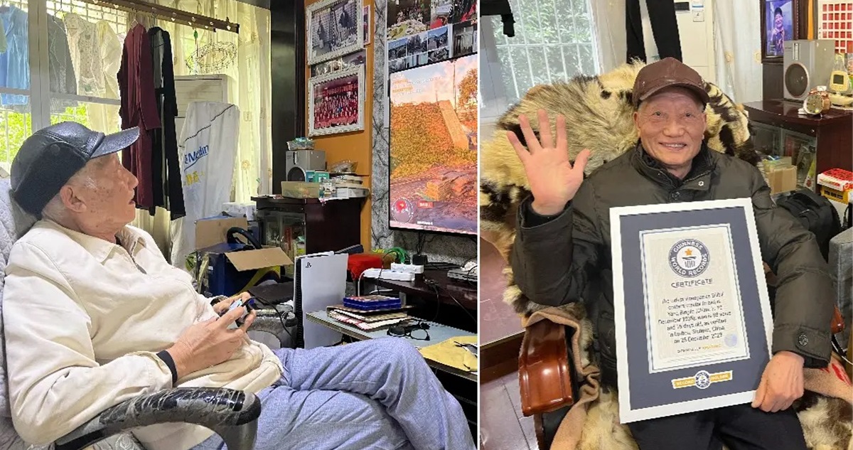El “abuelo gamer”, junto a su récord Guiness.