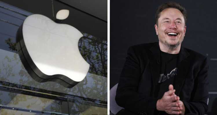 Izquierda: Logo de apple en una tienda derecha: elon musk riéndose