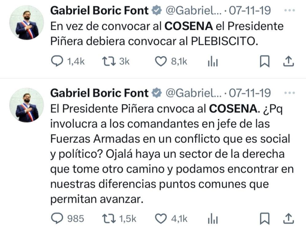 Siempre hay un tuiteo: la antigua crítica de Boric a Piñera por convocar al Cosena