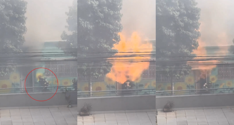 captan momento en que bombero salva ileso de llamarada que pegó en su cara