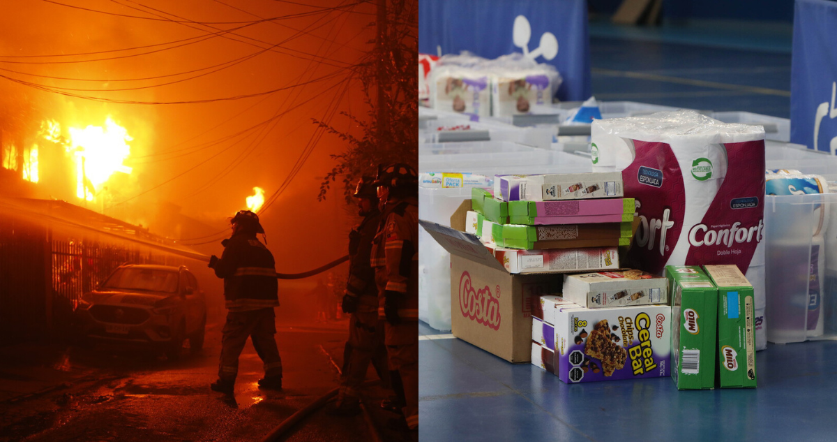 Fotografía de incendio en Valparaíso (izquierda) y de centros de acopio (derecha)