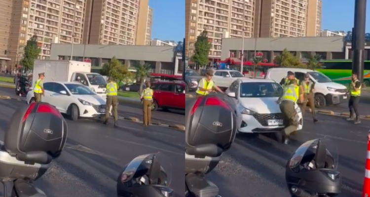 Graban a conductor intentando atropellar a carabinero: policía lo apuntó con su arma, pero no disparó