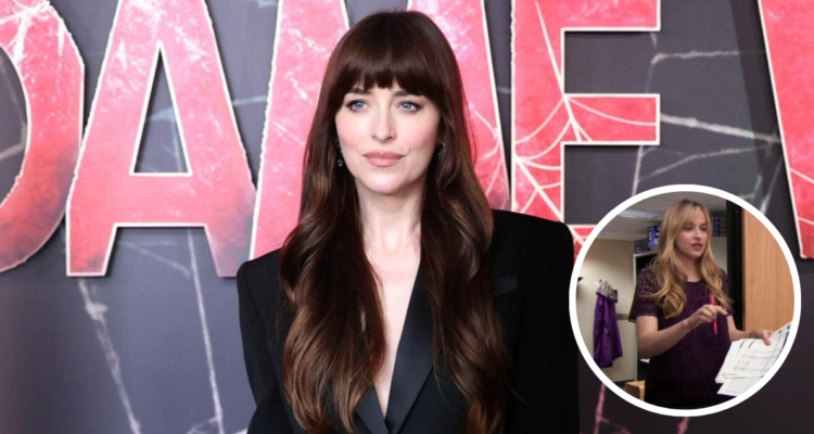 Dakota Johnson en estreno de Madame Web (fondo) y en el episodio de The Office (miniatura)
