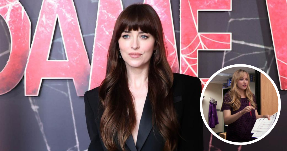 Dakota Johnson en estreno de Madame Web (fondo) y en el episodio de The Office (miniatura)