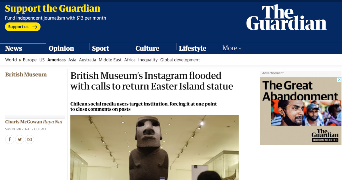Instagram del Museo Británico inundado con llamados a devolver Moai a Isla de Pascua