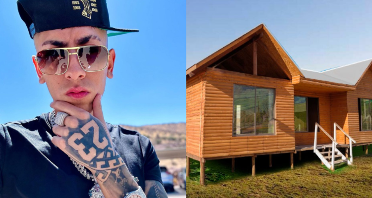 Cantante urbano Jordan 23 (izquierda) y casa prefabricada en referencia a donación (derecha)