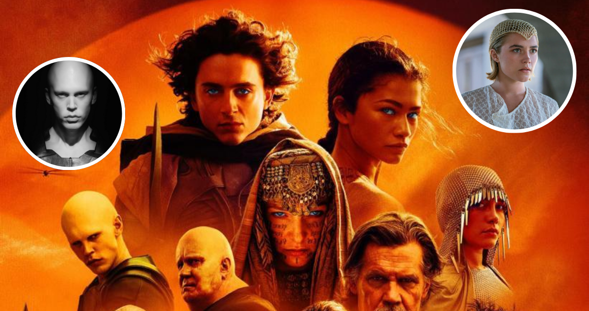 Poster de Dune 2 (fondo) con dos miniaturas de los personajes de Austin Butler y Florecen Pugh (miniaturas)