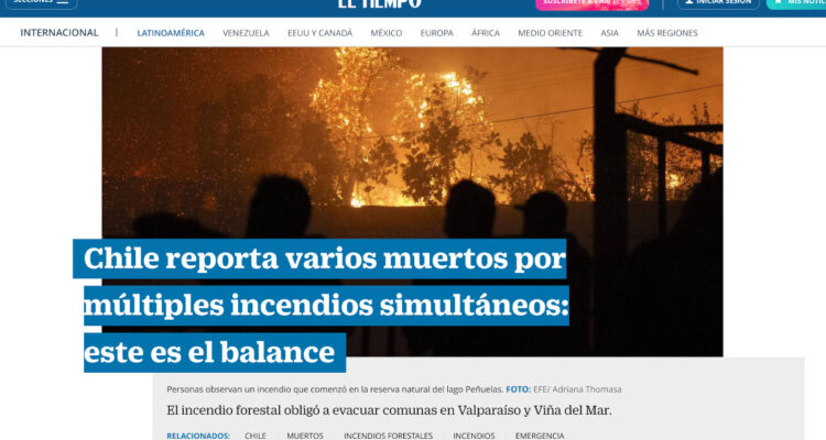 Incendios en Chile en el diario El Tiempo de Colombia