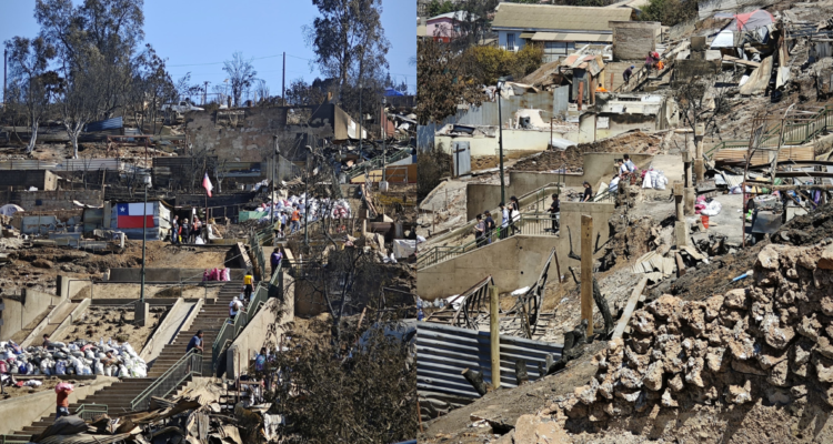 Resultado del incendio en el sector de Escala Huasco. A la izquierda se observa lo que fue la vivienda del dirigente Alejandro Flores, en el lugar donde se ubica la bandera chilena.