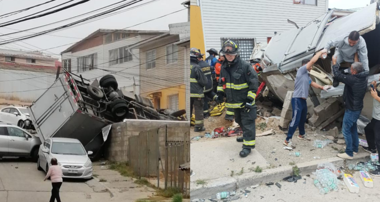 Camión termina volcado en el patio de vivienda en Cerro Cordillera de Valparaíso: hay 2 heridos graves