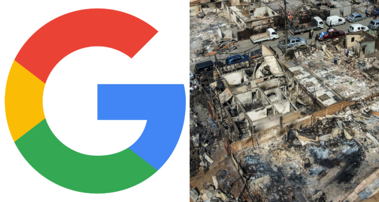 Logo de Google (izquierda) y zonas damnificadas por incendios (derecha)
