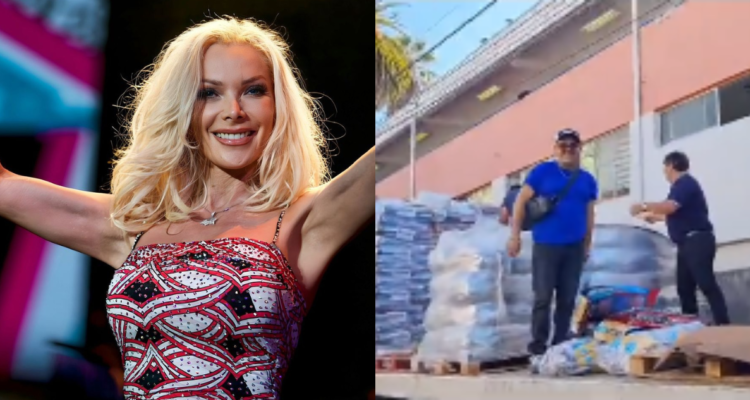 Equipo de Marisela entregando toneladas de comida para mascotas en zonas afectadas (izquierda) y la cantante Marisela (derecha)