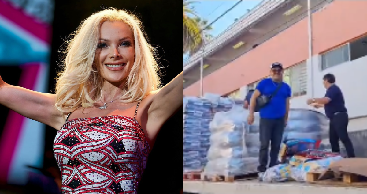 Equipo de Marisela entregando toneladas de comida para mascotas en zonas afectadas (izquierda) y la cantante Marisela (derecha)
