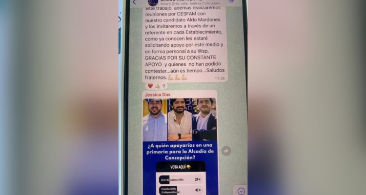 Mensaje en chat de DAS Concepción apoyando candidatura de Aldo Mardones a alcalde 