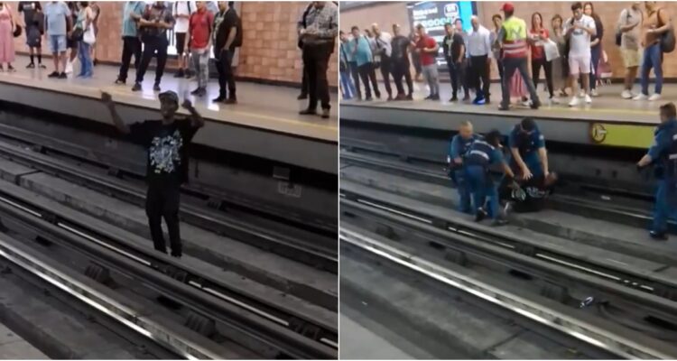 Graban escandaloso descenso de un hombre a las vías del Metro: terminó detenido