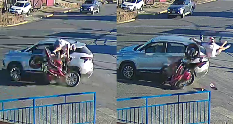 Capturas de un video que muestra el choque entre una moto y un vehículo tipo SUV en Lota.