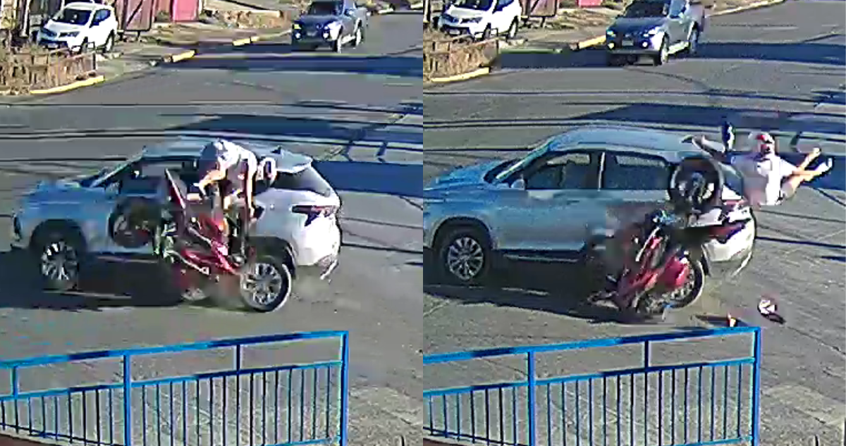 Capturas de un video que muestra el choque entre una moto y un vehículo tipo SUV en Lota.