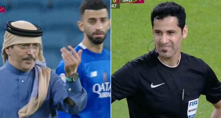 Jeque árabe irrumpe en partido y arremete contra árbitro del partido.