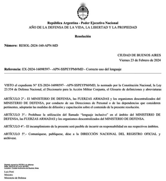 Resulución Ministerio de Defensa argentino por lenguaje inclusivo