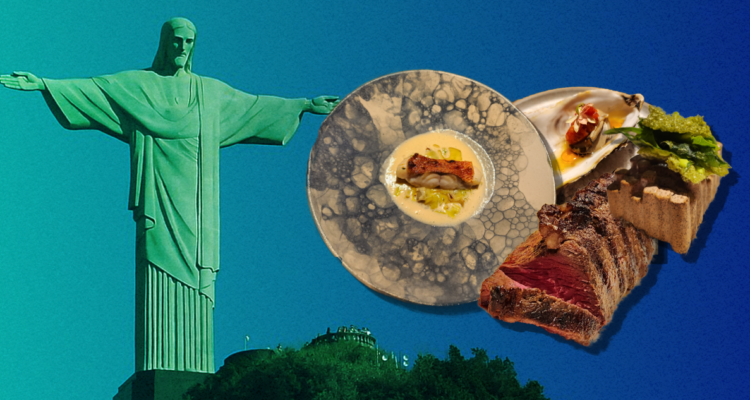 Imagen del Cristo Redentor de Río de Janeiro y preparaciones de la gastronomía carioca.