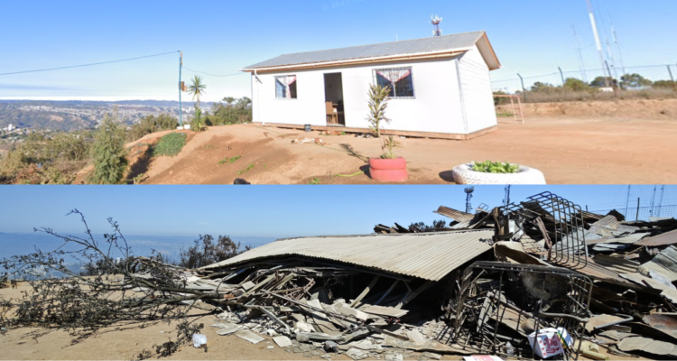 Sede social del Comité Nuevo Reencuentro en el Campamento Manuel Bustos, antes y después del incendio.