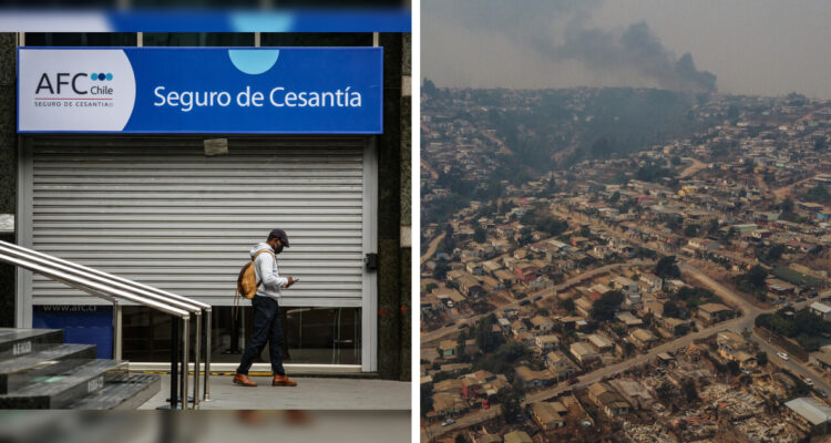 Izquierda: frontis Administradora de Fondos de Cesantía AFC Derecha: imagen aérea de afectados por incendios