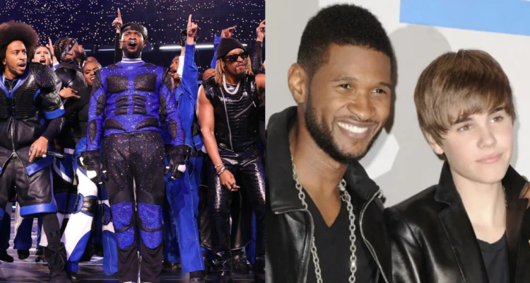 Usher en el Super Bowl (izquierda) y junto a Justin Bieber (derecha)