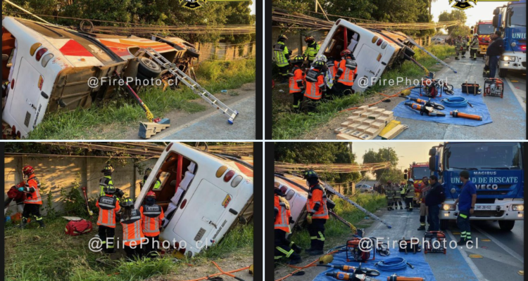 Bus volcado a un costado de la ruta mientras personal de emergencias trabaja en el rescate de los pasajeros.