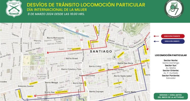 Conoce los desvíos que se implementarán en Santiago por marcha del 8M