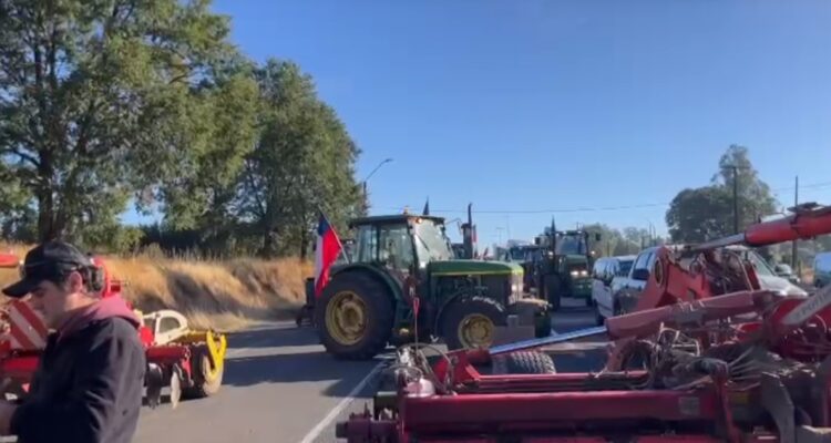 Agricultores bloquean con tractores ruta 5 en Victoria por bajo valor del trigo