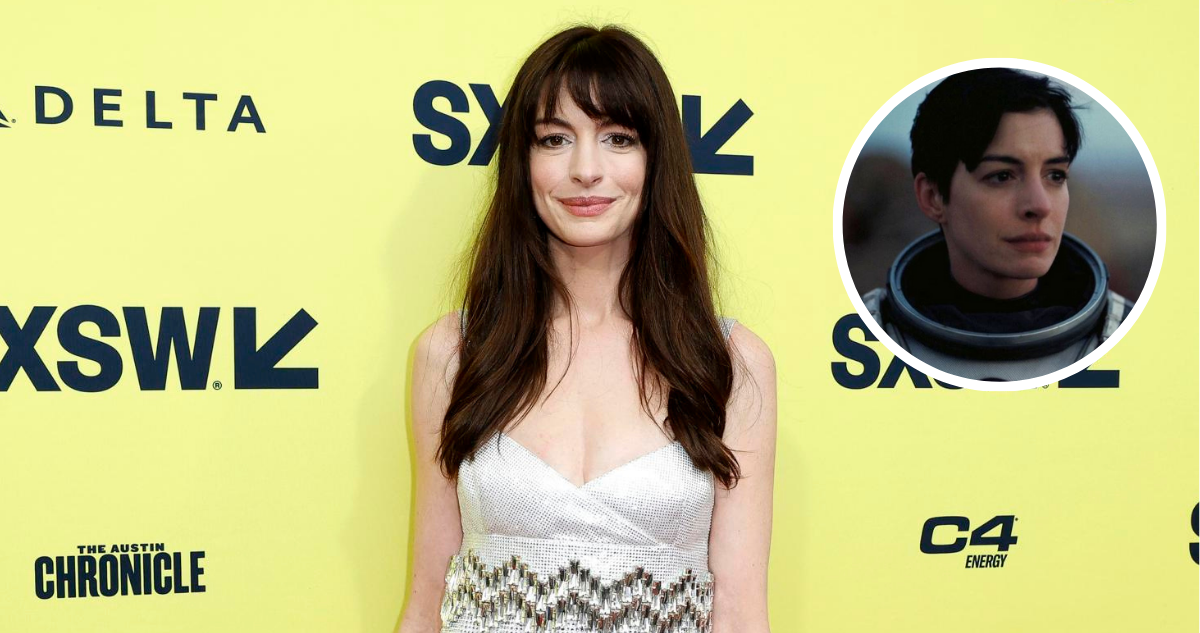 Anne Hathaway en alfombra roja (fondo) y en la película Interestellar (miniatura)