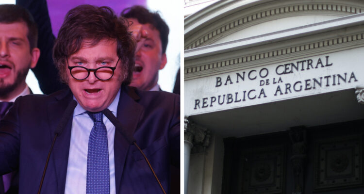 IZQUIERDA: FOTO MILEI DERECHA:FACHADA BANCO CENTRAL