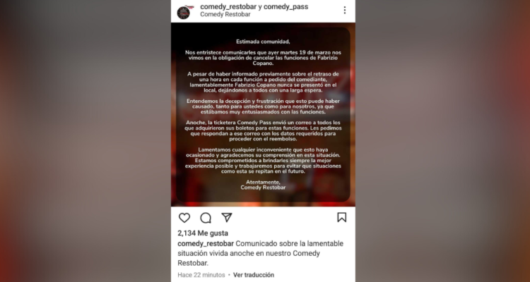 Bar cancela funciones de Fabrizio Copano luego que comediante no se presentara por grabar su programa