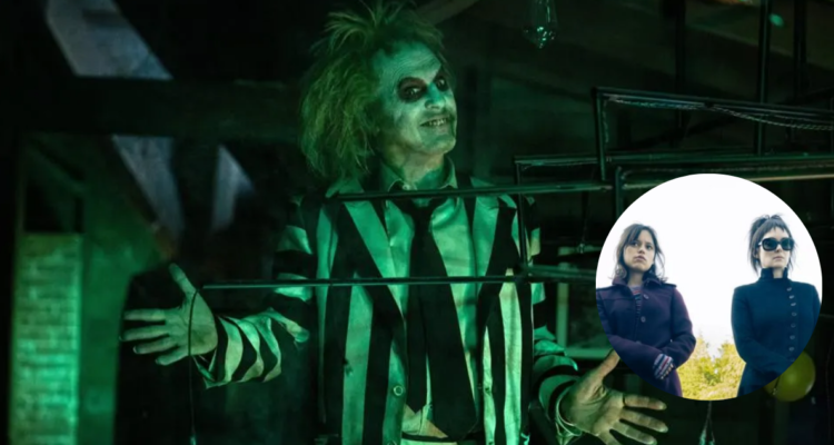 Michael Keaton como Beetlejuice (fondo) y Winona Ryder junto a Jenna Ortega (miniatura)