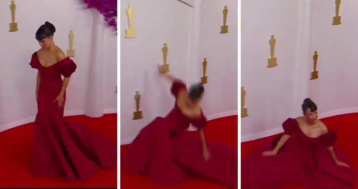 Actriz Liza Koshy protagoniza el primer momento viral de los Oscar al sufrir caída en la alfombra roja