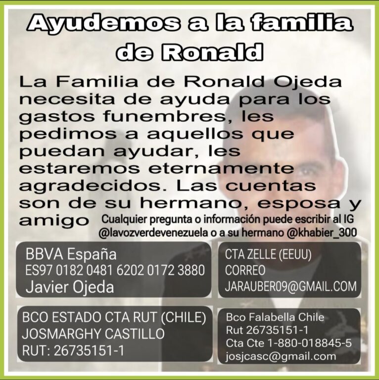 Familia de Ronald Ojeda inicia campaña para costear los gastos fúnebres del exmilitar