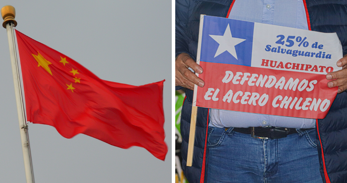 Izquierda: bandera de China Derecha: bandera de protesta con consigna “defendamos el acero chileno”