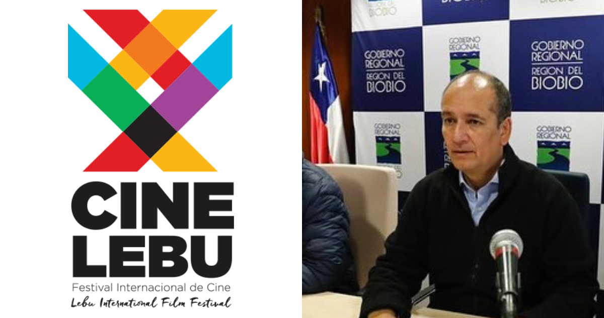 Logo del Festival Internacional CineLebu (izquierda) y del Gobernador Regional del Bío Bío, Rodrigo Diaz Worner