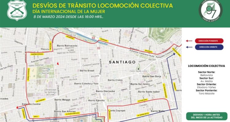 Conoce los desvíos que se implementarán en Santiago por marcha del 8M