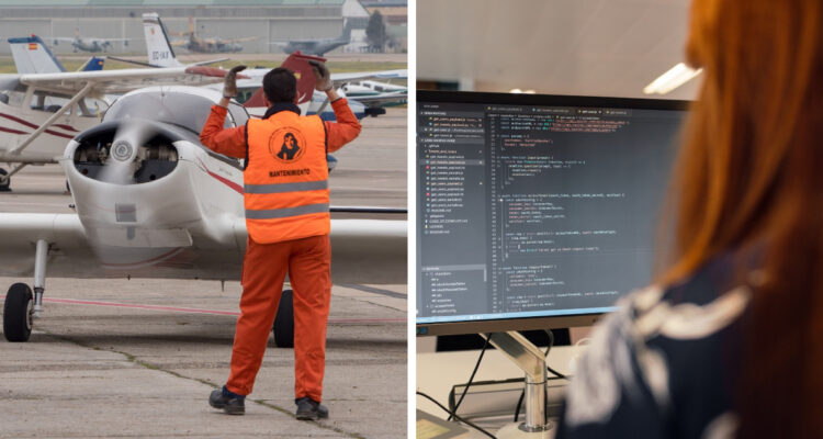 una foto de un avión y personal de mantenimiento de tiera y otra de contexto sobre informática