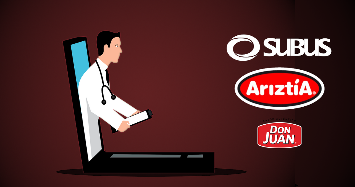 Gráfica con médico extendiendo licencias médicas on line y logos de Subus, Ariztía y Don Juan.