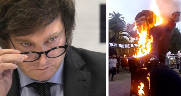 Queman muñeco de Javier Milei