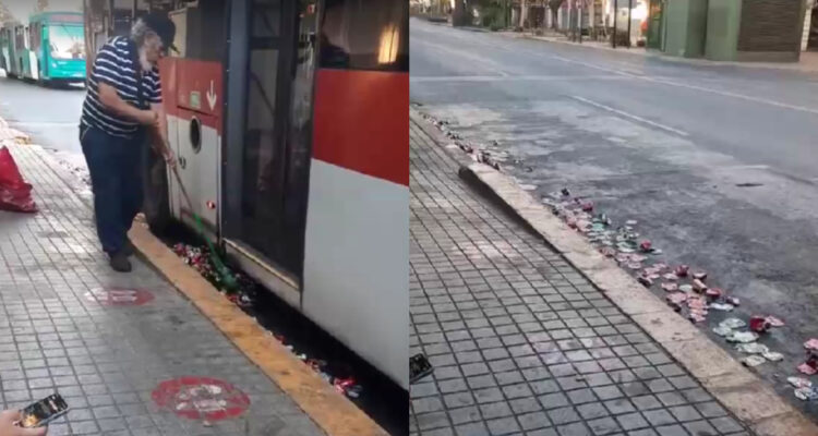 Recolector se hace viral por ingeniosa técnica para aplastar latas con buses RED en la RM