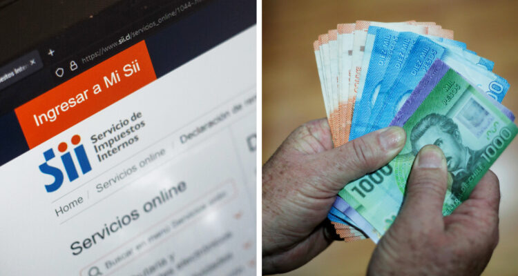 izquierda: imagen de la web del Servicio de Impuestos Internos SII derecha: hombre sostiene un fajo con diversos billetes de 20 mil, diez mil, dos mil y mil pesos
